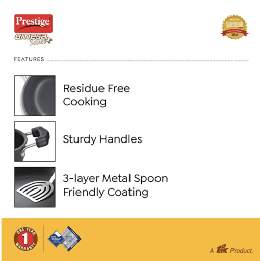Prestige Omega Select Plus 20Cm- 2.2L Non-Stick Kadai with SS Lid |PFOA Free Teflon Non-Stick Coating | Scratch Resistant | Flat Base |Durable Handles |1 Year Warranty - Image 2